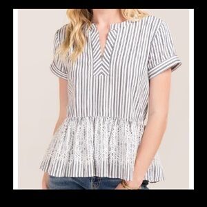 BLUE RAIN STRIPED PEPLUM TOP WITH LACE